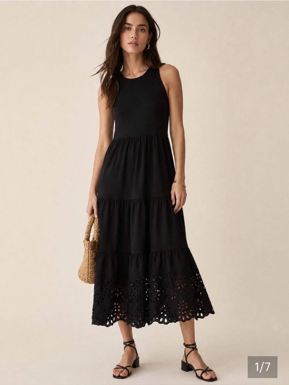 Black Sleeveless Tiered Midi Dress with Eyelet Hem